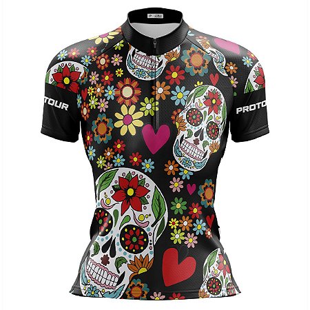 Camisa Ciclismo Mountain Bike Feminina Pro Tour Caveira Flores