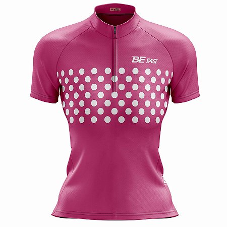 Camisa Ciclismo Mountain Bike Feminina Rosa Bolinhas Dry Fit Proteção UV+50