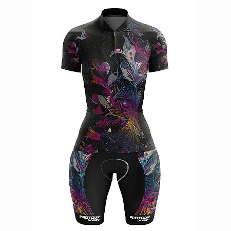 Conjunto Ciclismo Bermuda e Camisa Feminino Pro Tour Flor Psicodélica