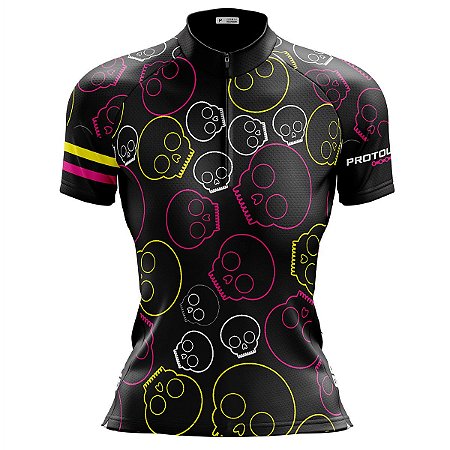 Camisa Ciclismo Mountain Bike Feminina Pro Tour Caveiras Dry Fit Proteção UV+50