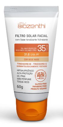BIOZENTHI - Filtro Solar Fps 35 Uva-Pf 31.6 - Cor Bege Nude 60g - Hipoalergênico - Natural - Vegano - Sem Glúten