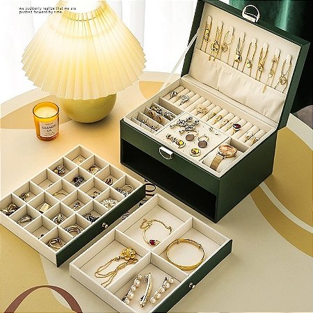 Caixa de Joias de 3 Camadas Caixa de Armazenamento de Joias de Couro PU Com 2 Gavetas Segura para Quarto Q19