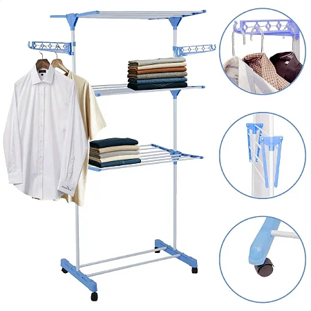 Varal De Chão Grande De Roupas 3 Andares Dobrável Cor Azul Kontuz 170 cm