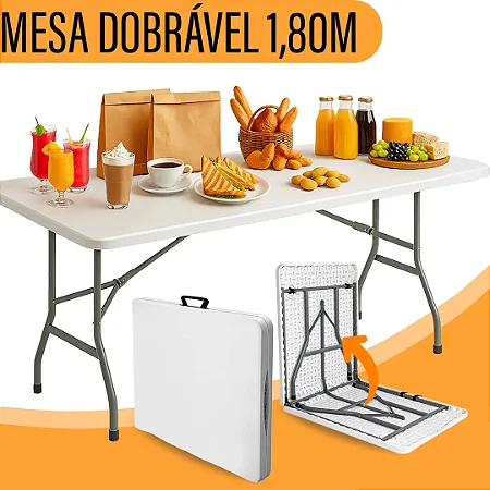 Yab - Mesa Dobrável 1,80 M Vira Maleta C/ Alça Resistente Camping Praia Premium Área Externa/interna 180cm Portátil - Cor Branco