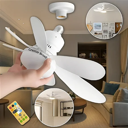 Lâmpada Ventilador De Teto E27 6 Hélices Controle Remoto Luz Branca Led Silencioso Econômica Creator Brasil