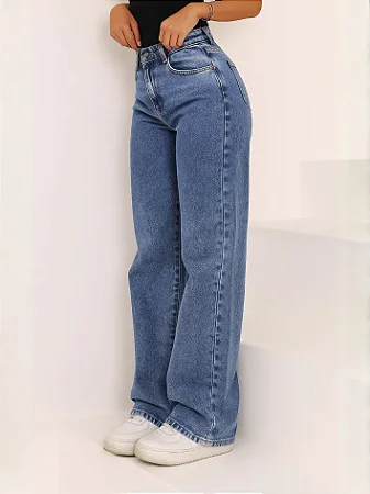 Calça Jeans Wide Leg Feminina Cintura Alta Pantalona