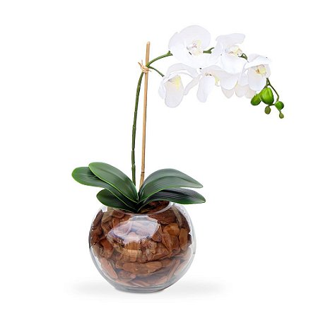 Arranjo de orquídea artificial branca em silicone no vaso de vidro bola