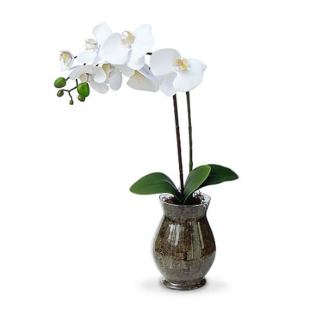 Arranjo de orquídea artificial branca de silicone no vaso de vidro decorativo