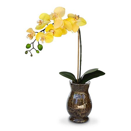 Arranjo de orquídea artificial amarela de seda no vaso de vidro decorativo