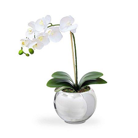 Arranjo de orquídea branca de silicone no vaso espelhado