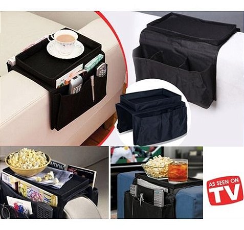 Bandeja Esteira Para Braço De Sofa Com 6 Bolsos + 2 divisórias Organizador/ 8 compartimentos - Preto