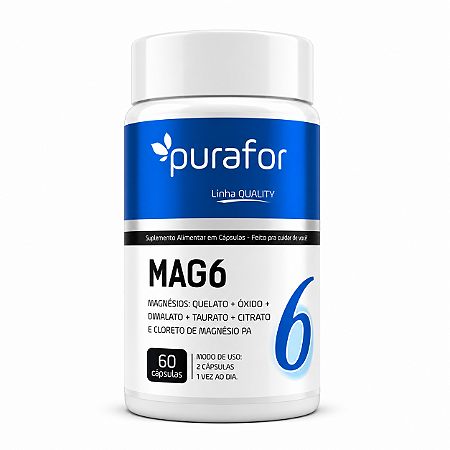 Mag6 Magnésio 6 Tipos - Purafor 60 Cápsulas Quelato Óxido Dimalato Taurato Citrato Cloreto