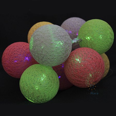 Cordão Led Pisca Bolas colorido Cotton Ball Decoração Festa pilhas