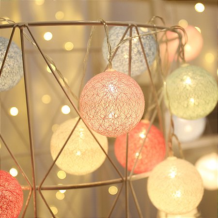 Cordão Led 10 Bolinha colorido Cotton Ball Decoração Festa Branco Quente