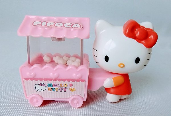 Miniatura plástica Hello.Kitty vendedora de pipoca, promoção Lacta 2014, 5 cm altura