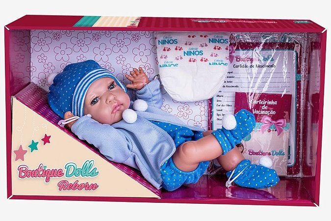 Boneca Com Touquinha Dolls Collection Reborn Roupa Azul - SuperToys