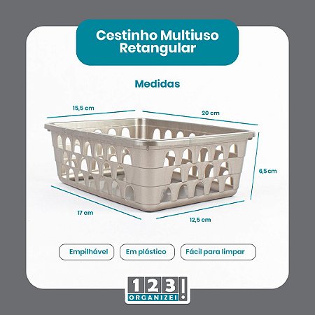 Cesto Multiuso Organizador Médio  20x15,5x6,5Cm Cinza 123Organizei