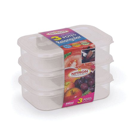 Kit 3 Potes Retangulares Para Alimentos Transparente 500ml 17x11x4 Cm 061 Nitron