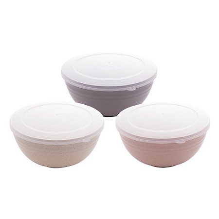 Conjunto Jogo 3 Bowl De Bambu Ecológico PP Lines  Com Tampa