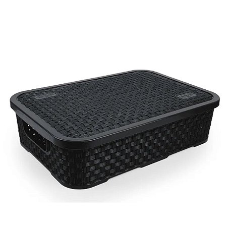 Cesto Rattan Baixo Com Tampa Médio Preto 4,5 Litros