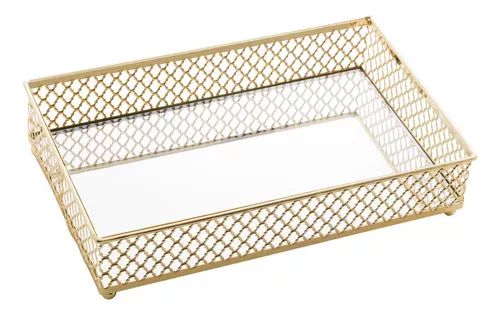 Bandeja de Metal c/ Espelho Barcelona Dourada 21x13x5cm Lyor