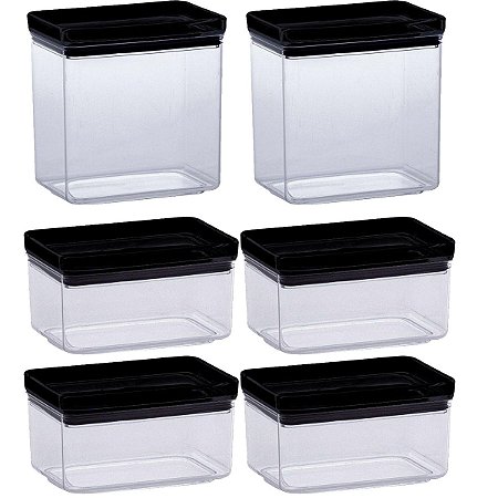 Kit 6 Potes Herméticos Retangular Lumini Black 580/1300ml