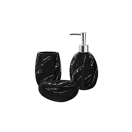 Jogo Para Banheiro Marble 3 Peças Cerâmica Multiuso Preto