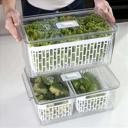 Pote Organizador Alimentos Geladeira Com Cesto Dry e Tampa