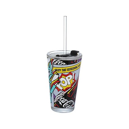 Copo Para Drinks Com Canudo Coca Pop 450 ML Vidro Plástico