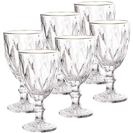 Conjunto 6 Taças Para Água Suco Diamond Fio Ouro 325ml