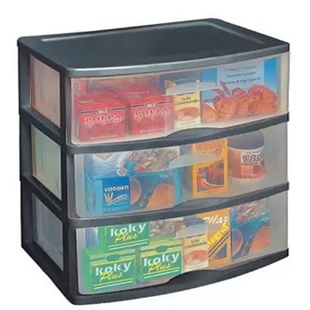 Gaveteiro Plástico Grande Com 3 Gavetas GV12P Preto Multiuso