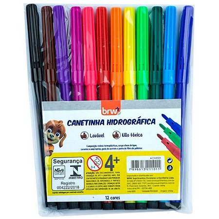 Canetinha Hidrográfica Resistente Blister Com 12 cores Brw
