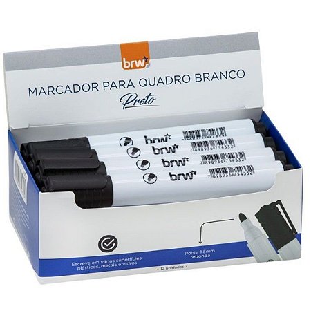 Marcador Quadro Branco Preto Com Ponta Redonda Display 12Pçs