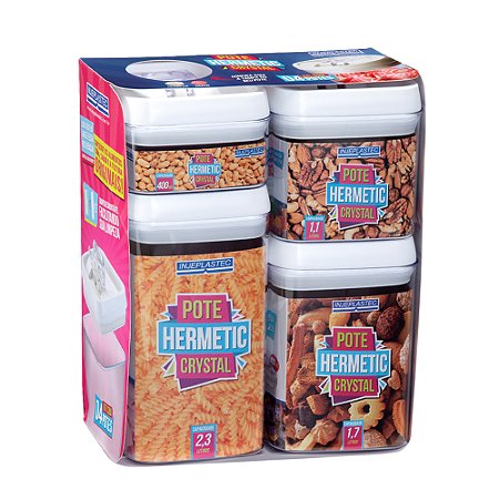 Kit 4 Potes tamanhos Diferentes Herméticos Crystal Quadrado Injeplastec 280