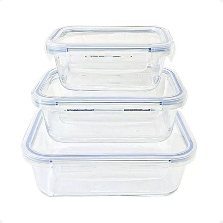 Conjunto 3 potes Herméticos retangular c/ tampa 300/600/1040ML