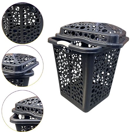Cesto De Roupas Multiuso Organizador Com Tampa Preto 80 Lts