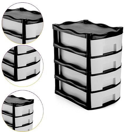 Caixa Gaveteiro Plástico Organizador 4 Gavetas Cor Preto