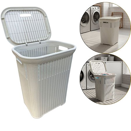 Cesto Rattan De Roupas Organizador Com Tampa Branco 50 Lts