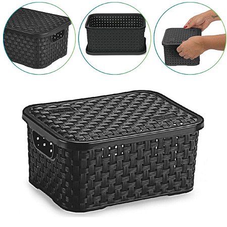 Cesto Caixa Organizadora Rattan 2 Litros Cor Preto Com Tampa