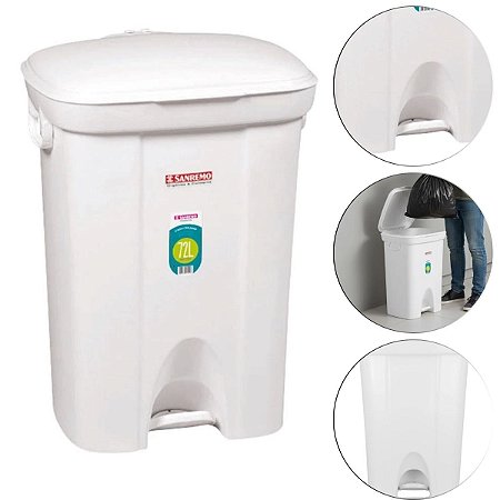 Lixeira 72 Litros Reforçada Com Pedal Alça e Tampa 299/01 Branca Sanremo