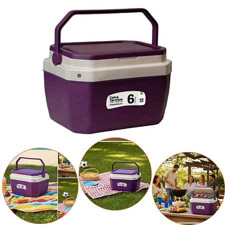 Caixa Térmica Cor Roxo Wine Com alça 6 Litros Praia Piscina
