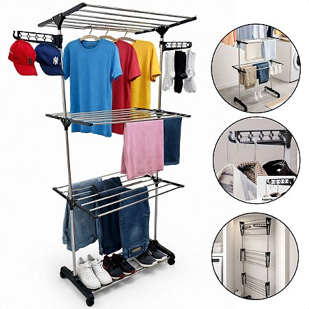 Varal De Chão 3 Andares Grande de Roupas Dobrável Regulável Retrátil com Rodinhas e Ganchos Compacto