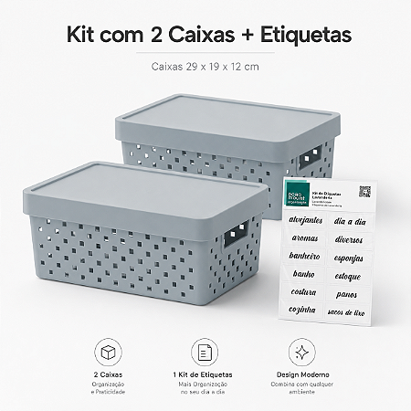 Combo Lavanderia Organizada | 2 Cestos com Tampa + Etiquetas