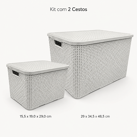 Kit Cestos Organizadores Rattan Branco com Tampa – 2 Tamanhos: 20 e 40 Litros