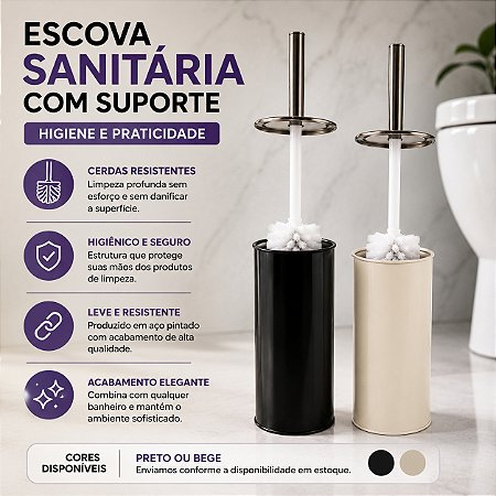 Escova Sanitária Preta Aço Com Suporte Banheiro Mor Colors