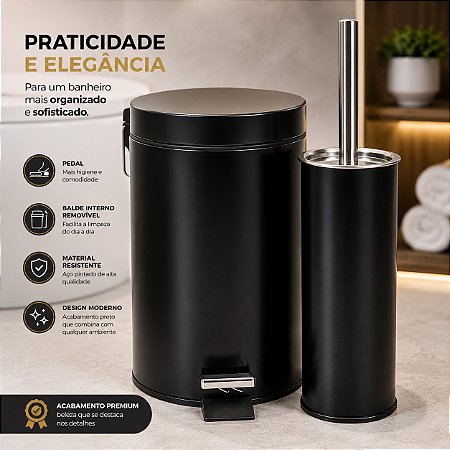 Conjunto Banheiro Lixeira 3L Escova Sanitária Preto