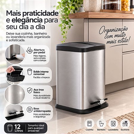 Lixeira Inox Quadrada 12L Com Pedal e Balde Removível