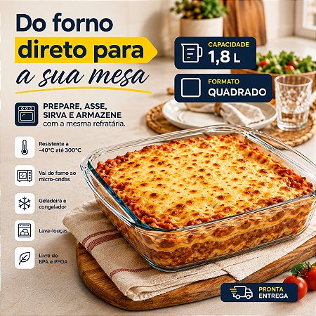 Travessa Refratária Marinex Quadrada 1,8L Vidro Assadeira