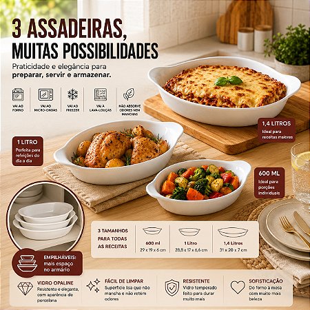 Kit 3 Travessas Assadeiras Ovais Opaline 1,4/1/0,6LTS Porcelana Branca
