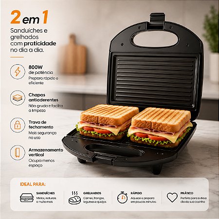 Sanduicheira 800W 2 em 1 Grill Multiuso  Antiaderente 110V